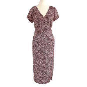 ABERCROMBIE & FITCH BURGUNDY WHITE FLORAL V-NECK RUCHED SIDE SLIT MIDI DRESS - S